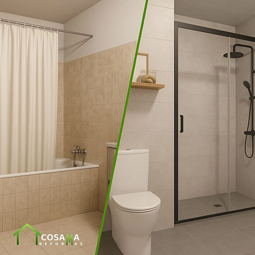 Comparativa de baño antes y después del plan renove: sustitución de bañera por ducha moderna
