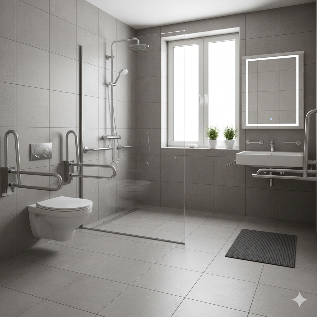 Cuarto de baño adaptado con ducha de obra a ras de suelo, suelo antideslizante y barras de apoyo metálicas.