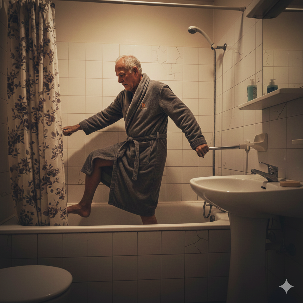 Hombre mayor con dificultades para acceder a una bañera alta en un baño antiguo sin adapta