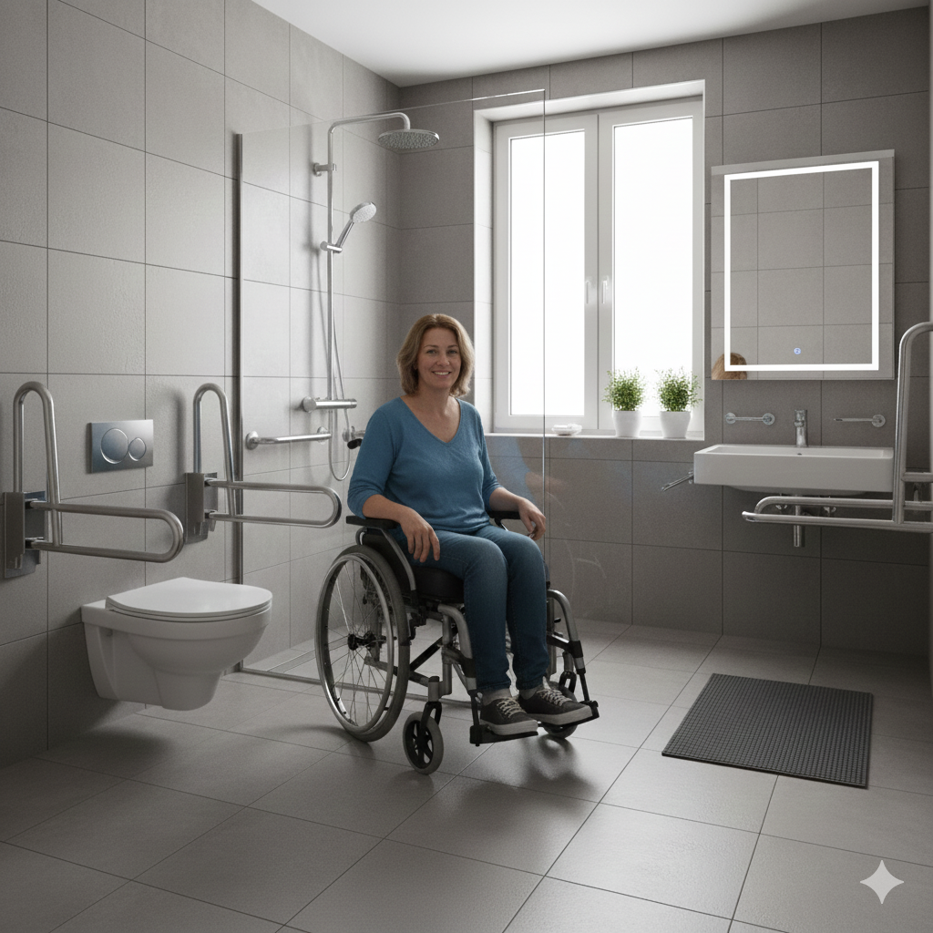 Mujer mayor en silla de ruedas utilizando un baño adaptado con ducha a ras de suelo y barras de seguridad.