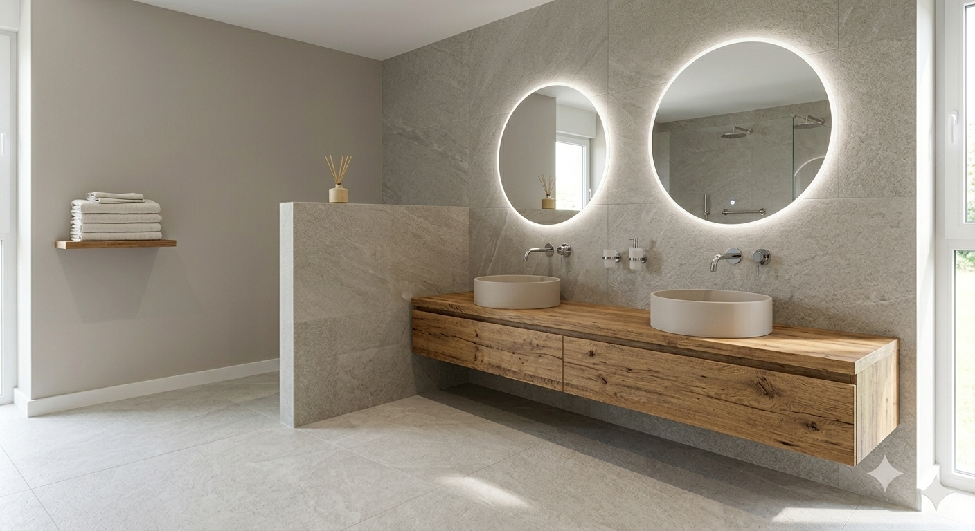 Baño moderno en Valladolid con muebles suspendidos en madera, lavabos sobre encimera y espejos circulares retroiluminados.