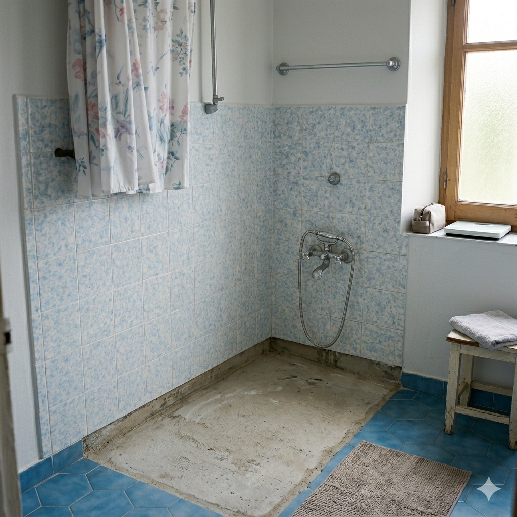 Hueco en el suelo y paredes tras retirar una bañera antigua, mostrando el forjado preparado para la instalación de un plato de ducha.