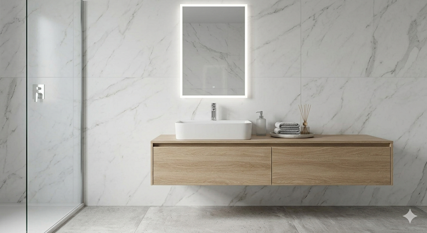Lavabo de porcelana blanca sobre mueble suspendido de madera con dos cajones, espejo retroiluminado y grifería cromada