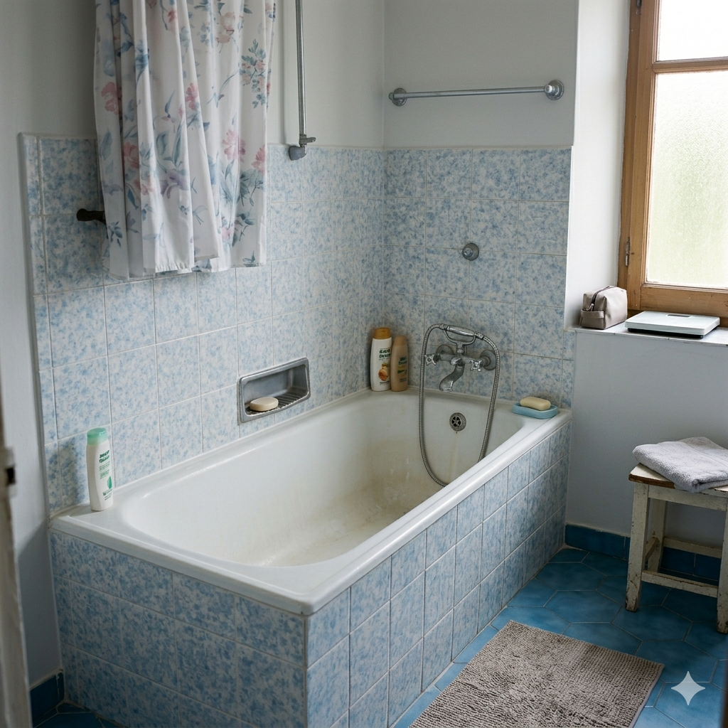 Vista de un baño antiguo con bañera encastrada y azulejos azules, antes de ser reformado para instalar un plato de ducha.