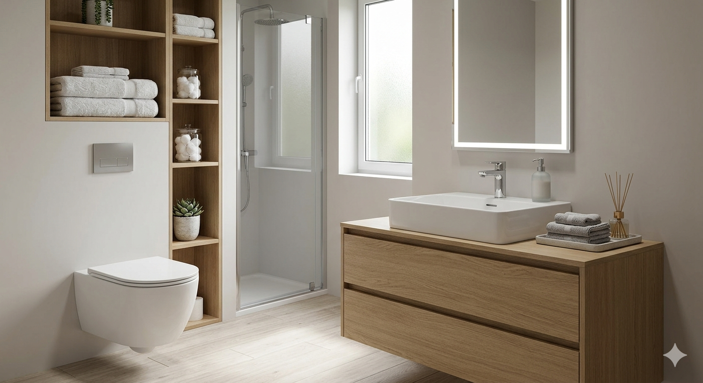 Baño moderno con inodoro suspendido blanco, cisterna empotrada y mueble de lavabo de madera volado con espejo LED.