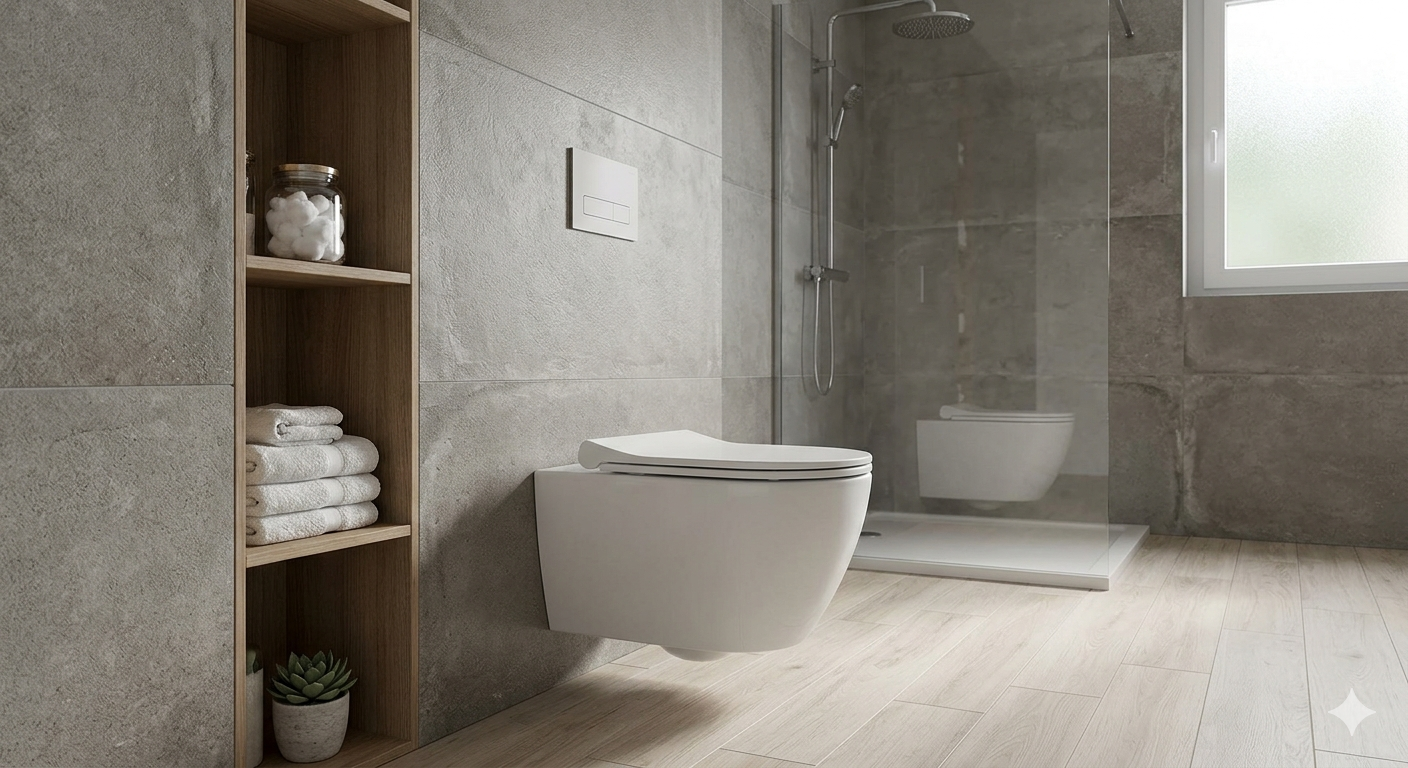 Inodoro suspendido de diseño minimalista con cisterna empotrada y pulsador de pared en un baño reformado con azulejos grises y suelo de madera.