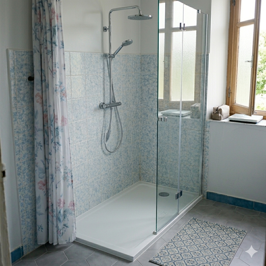 Plato de ducha blanco extraplano con mampara de cristal fija y grifería termostática moderna en baño reformado