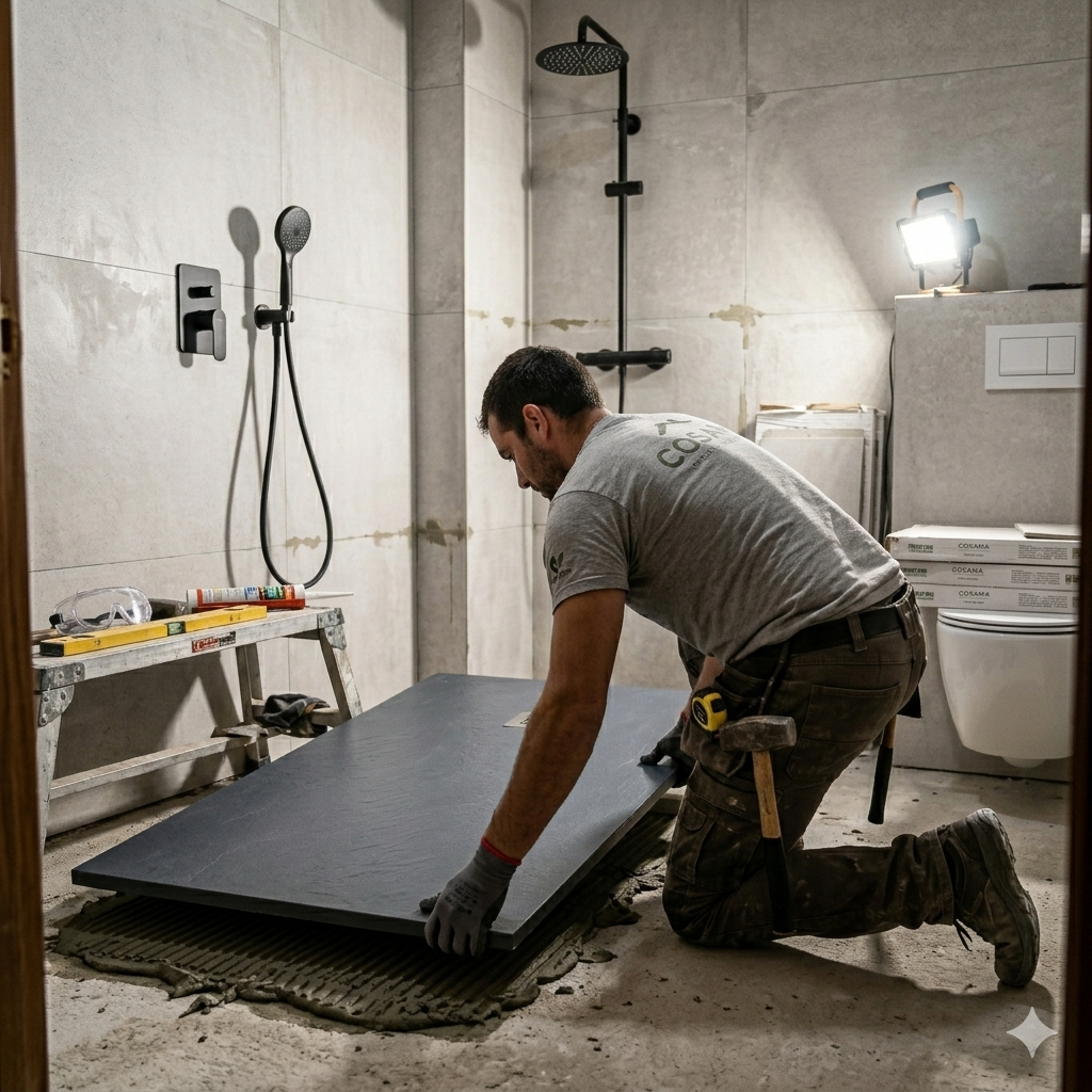 Operario de Reformas Cosama instalando un plato de ducha moderno en Valladolid