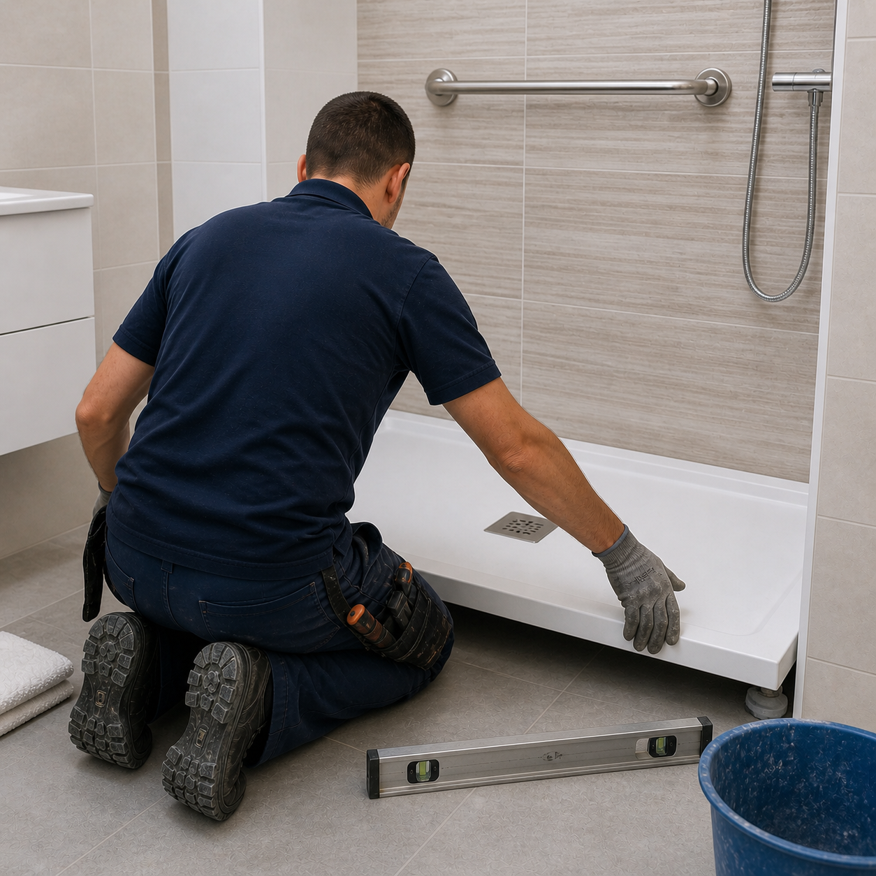operario instalando plato de ducha accesible en baño adaptado para personas mayores o dependientes en Valladolid