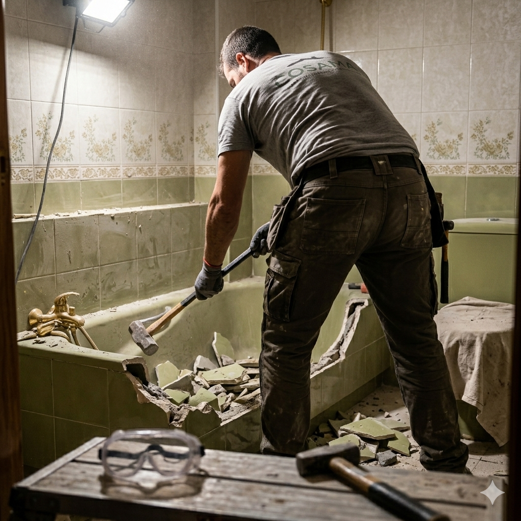 Reforma de baño en Valladolid con vieja bañera derribándola para poner un moderno plato de ducha.