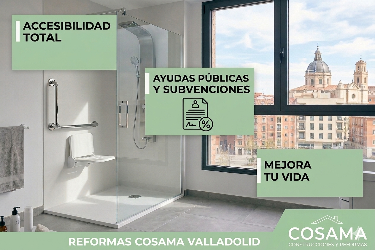 Infografía de Reformas Cosama en Valladolid sobre ayudas de accesibilidad para instalar un plato de ducha adaptado con asidero de seguridad y asiento plegable.