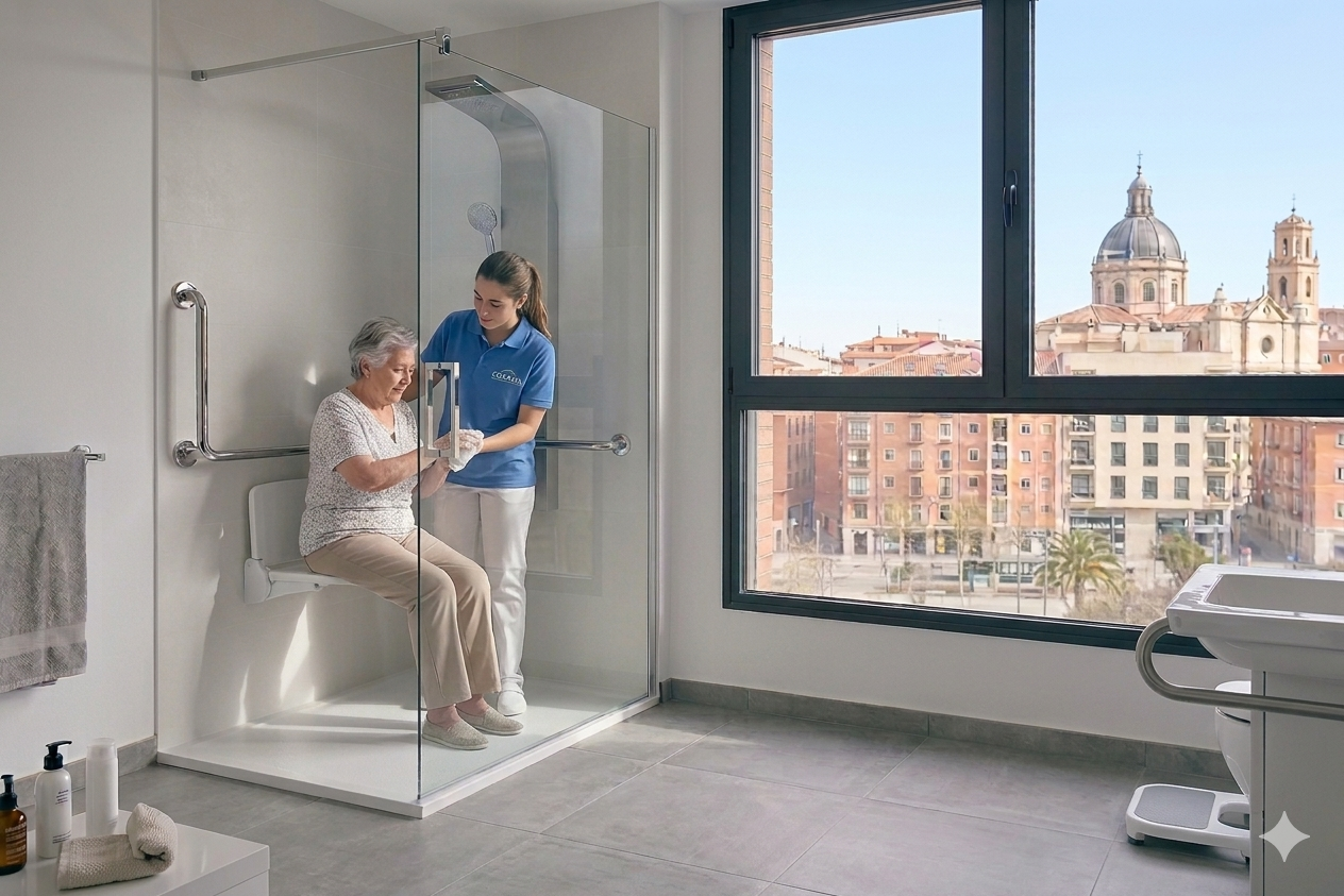 Baño moderno con plato de ducha extraplana, mampara accesible y diseño adaptado para personas dependientes.