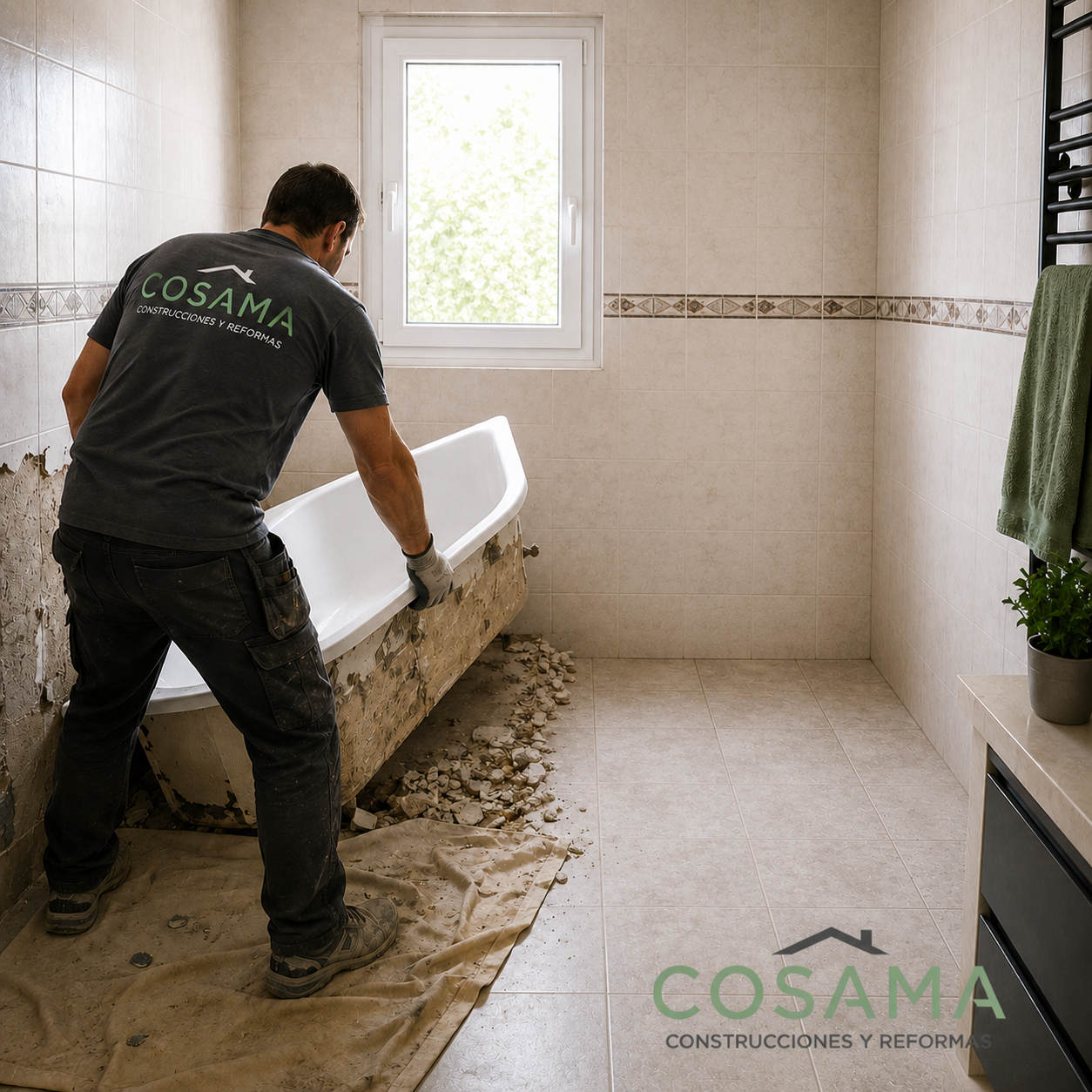 Técnico de Cosama retirando una antigua bañera para instalar un plato de ducha en Valladolid, mejorando la accesibilidad, la seguridad y el confort del baño.