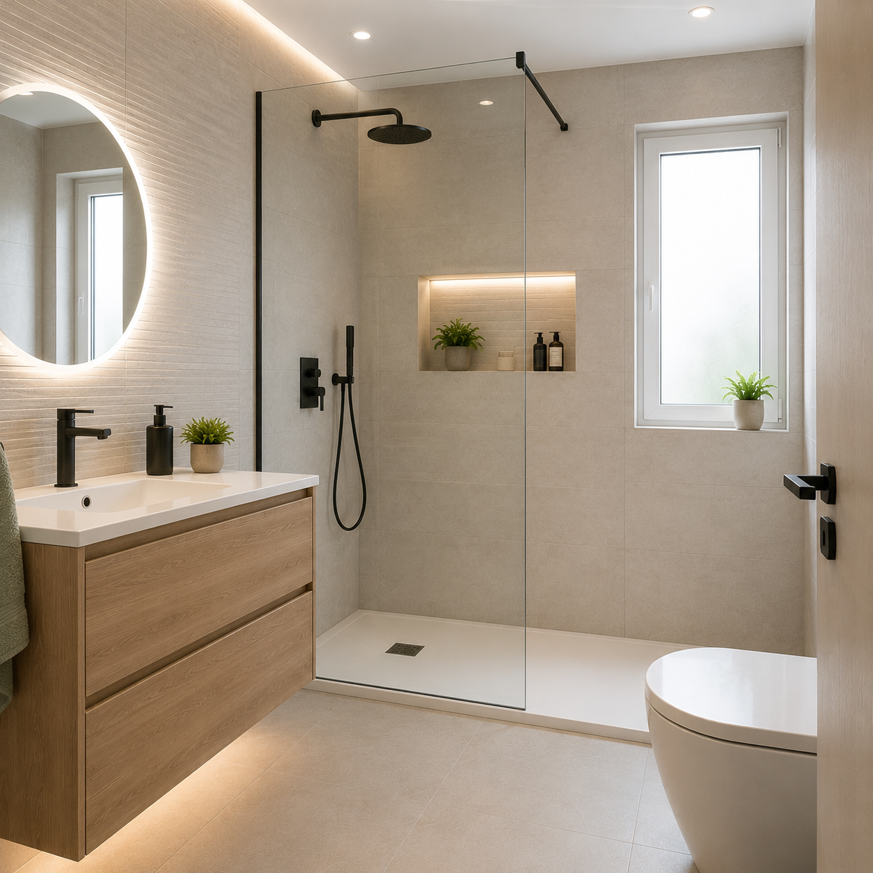 Baño moderno con plato de ducha extraplano y mampara fija de cristal en Valladolid.