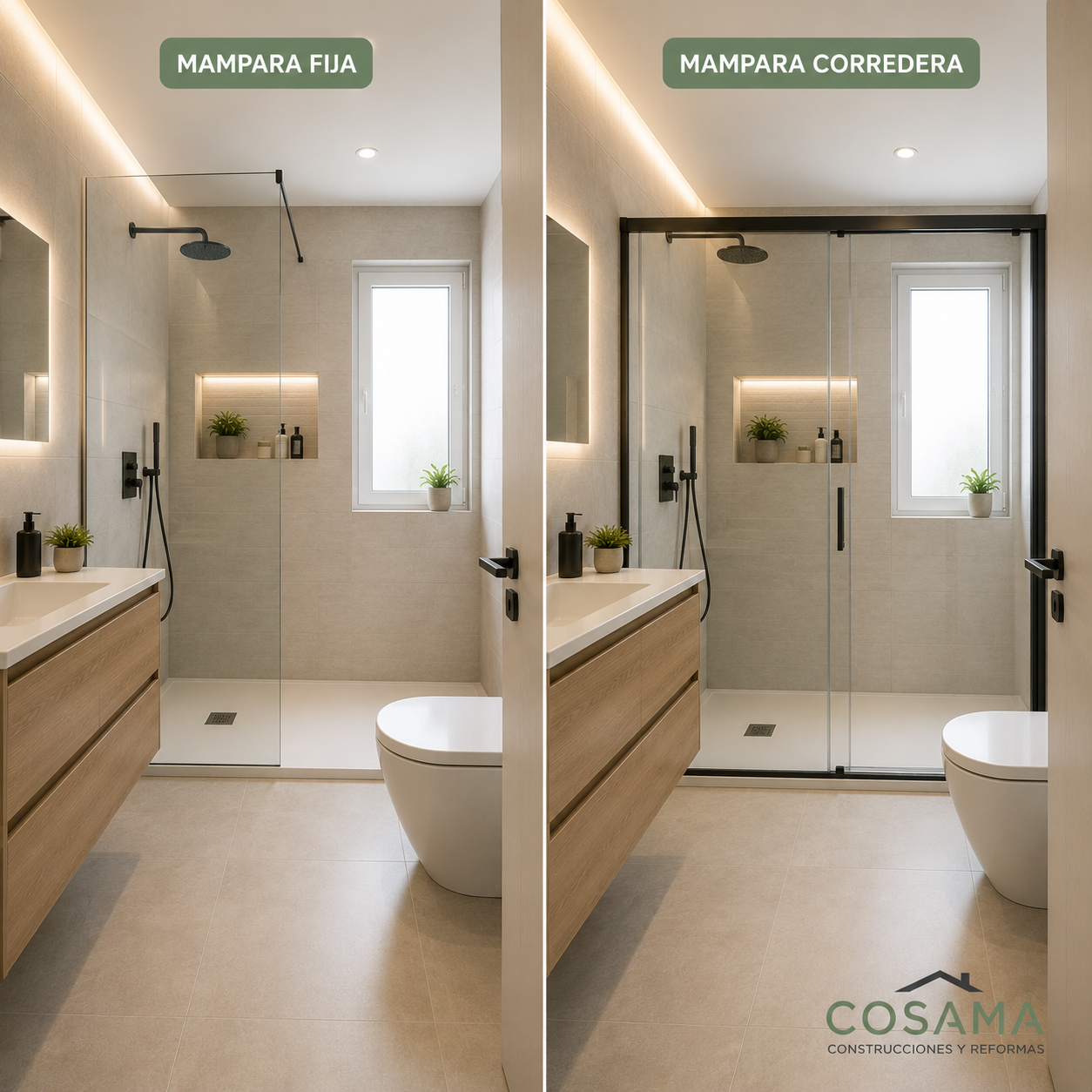 Comparativa entre una mampara fija y una mampara corredera instalada tras un cambio de bañera por plato de ducha en Valladolid.