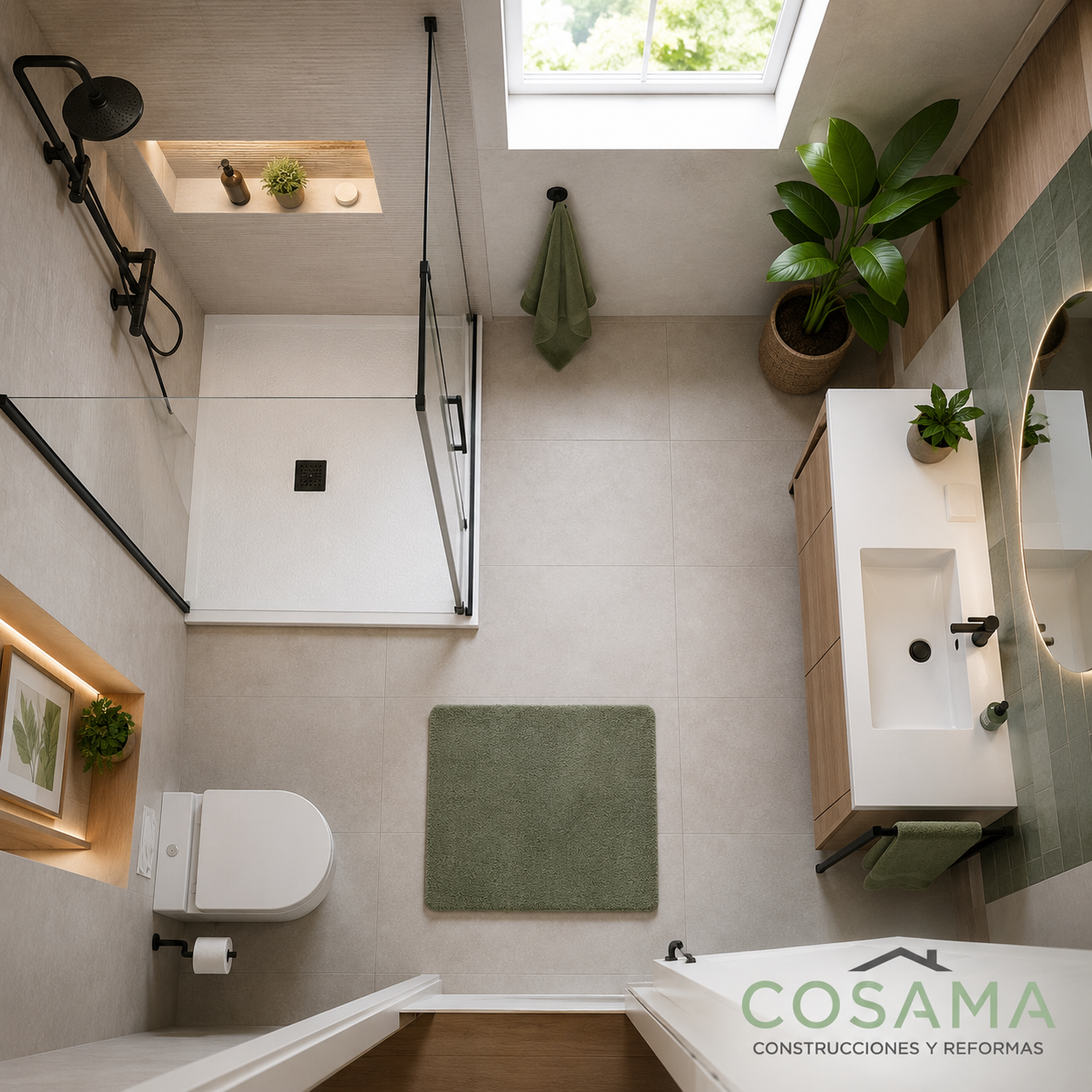 Vista cenital de un baño moderno con plato de ducha en Valladolid instalado por Cosama, diseñado para mejorar la accesibilidad, la seguridad y aprovechar al máximo el espacio.