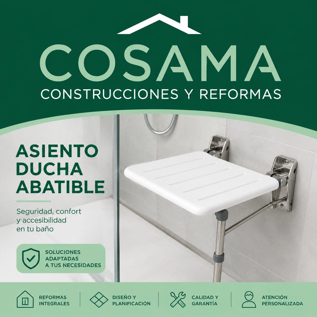 Asiento de ducha abatible instalado en un baño de Valladolid por COSAMA