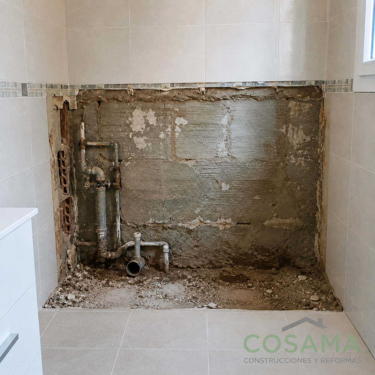 Estado de la pared después de retirar la bañera antes de instalar el plato de ducha