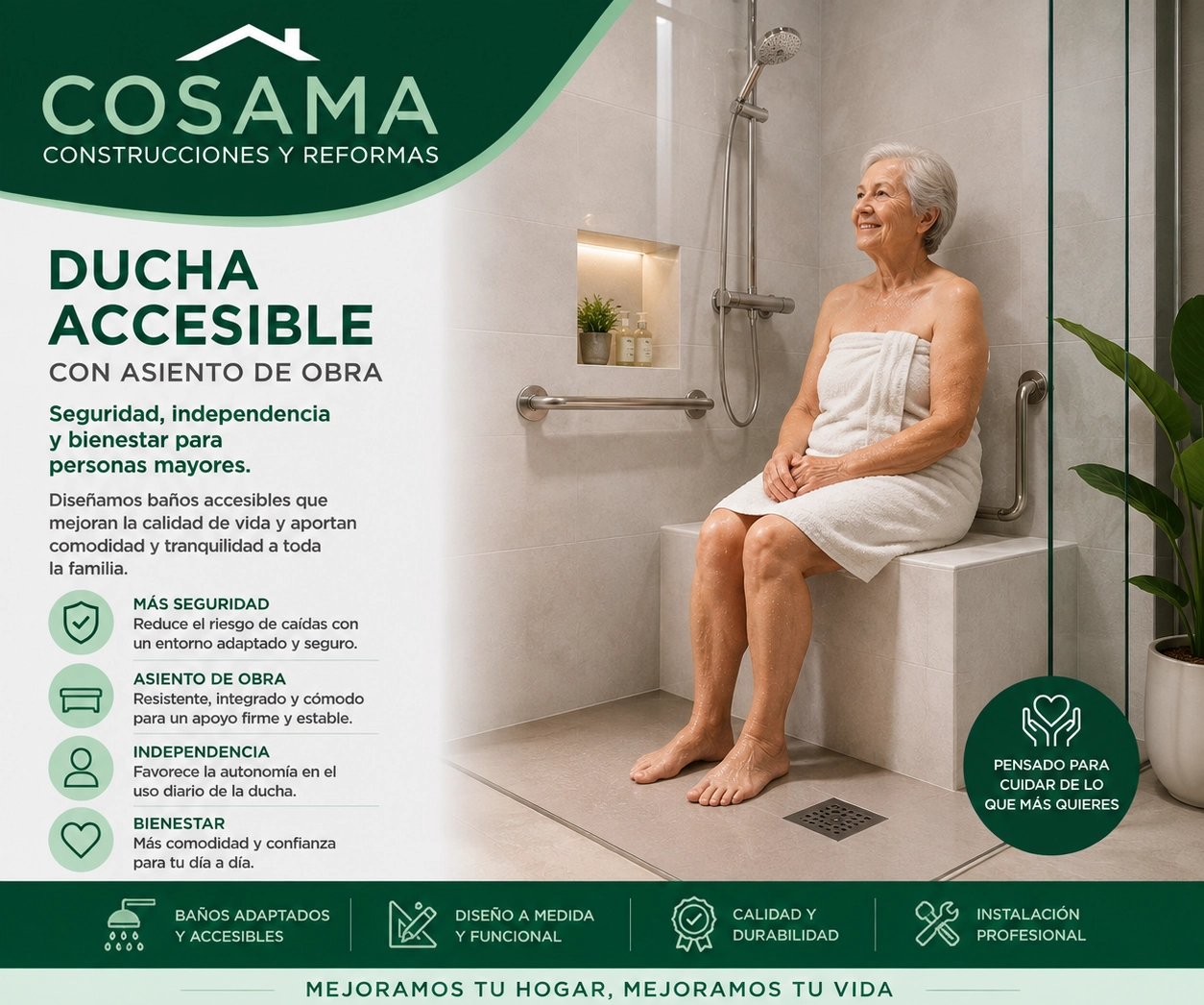 Persona mayor utilizando una ducha accesible con asiento de obra y barras de apoyo en Valladolid