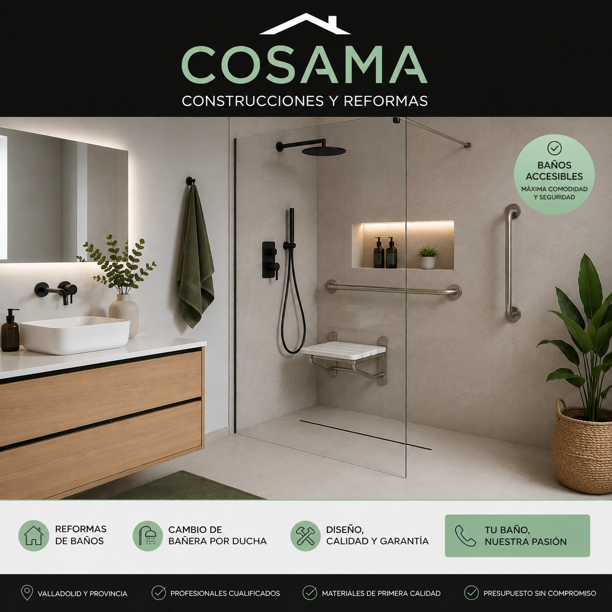 Baño adaptado con ducha a ras de suelo, barras de apoyo y mampara para mejorar la seguridad de personas mayores en Valladolid.