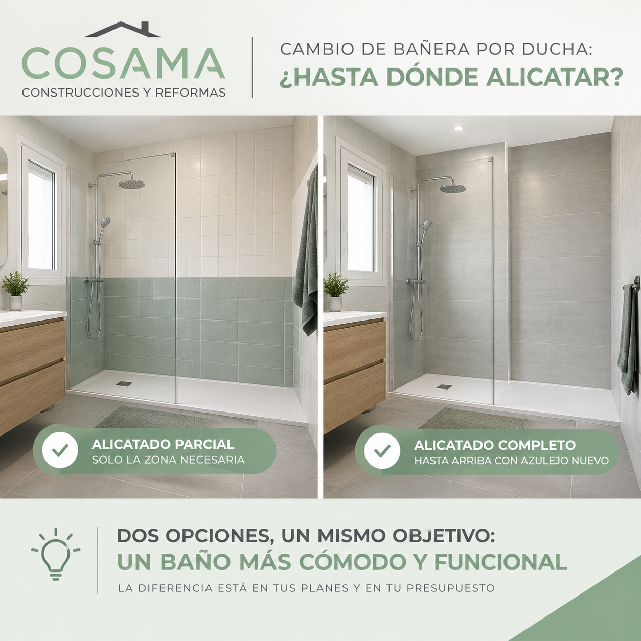 Comparativa de alicatado parcial y alicatado completo después de cambiar una bañera por un plato de ducha en Valladolid.