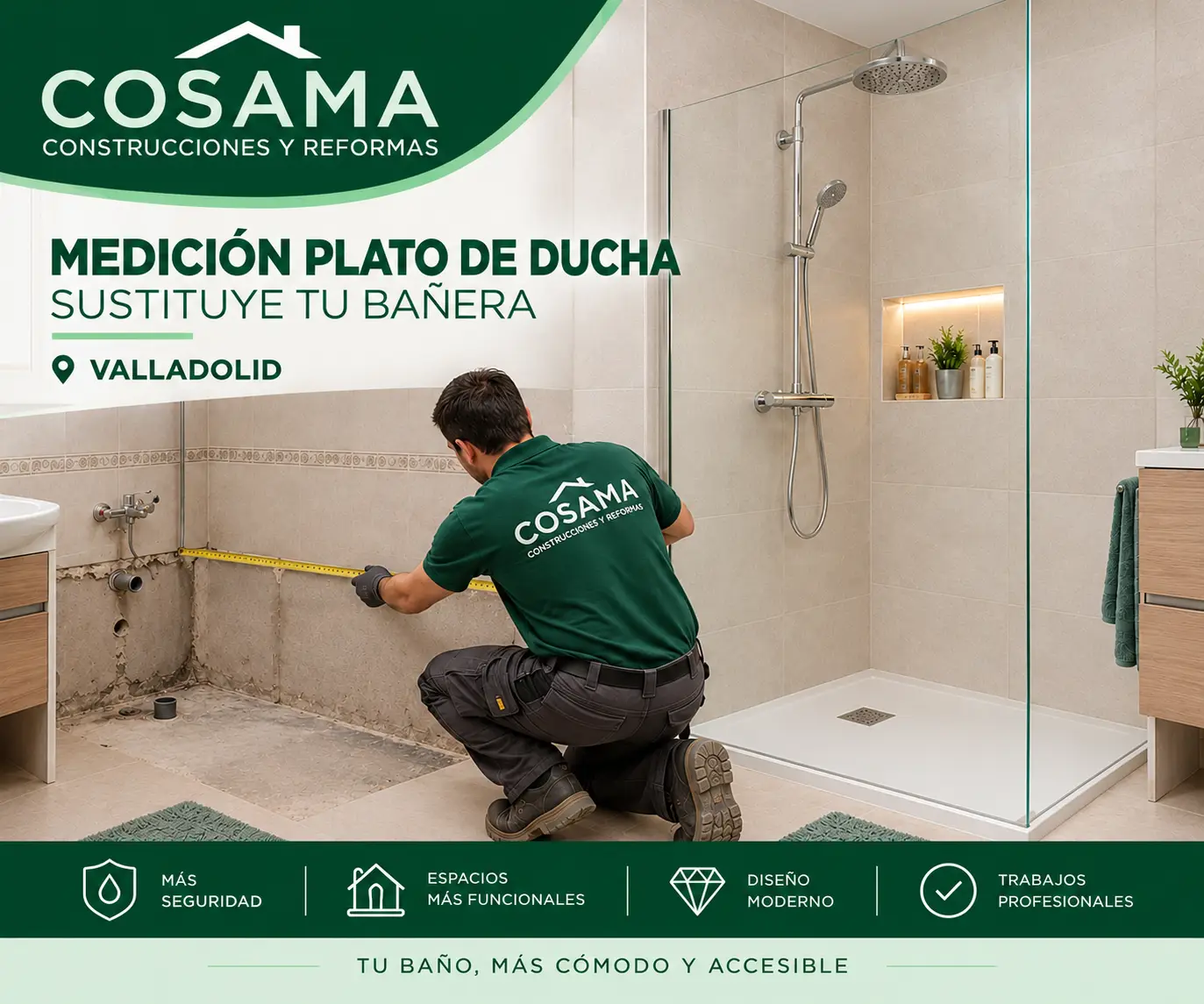 Medición de plato de ducha para sustituir bañera por ducha en Valladolid con Reformas COSAMA.