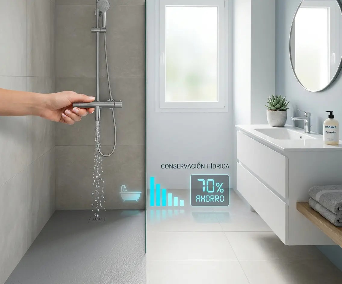 Cuarto de baño reformado con un plato de ducha gris y gráficos digitales que muestran un 70% de ahorro de agua frente a una bañera.