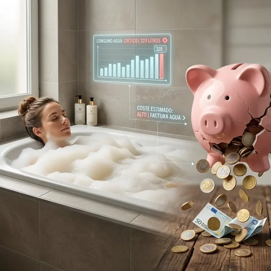 Mujer tomándose un baño en una bañera llena de espuma junto a una hucha de cerdito que se rompe perdiendo monedas por el alto coste del agua.
